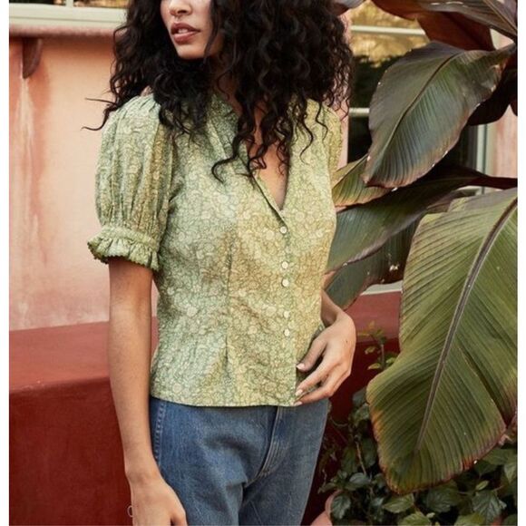 Doen Green Floral Button Front Ruffle Trim Short Sleeve Dauphine Blouse XS - Picture 12 of 12